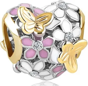 KunBead Flower Butterfly Bead Charm for Women Compatible with Pandora Bracelets
