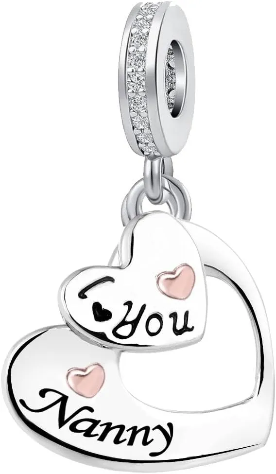 KunBead I Love You Heart Dangle Charms Compatible with Pandora Bracelet Necklace for Mom Daughter Grandma Granddaughter Nana Auntie Wife Sister Best Friend