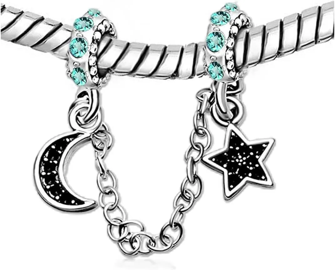 KunBead Link Safety Chain Moon Star Crystal Birthday Bead Charms for Bracelets for Women Jewelry