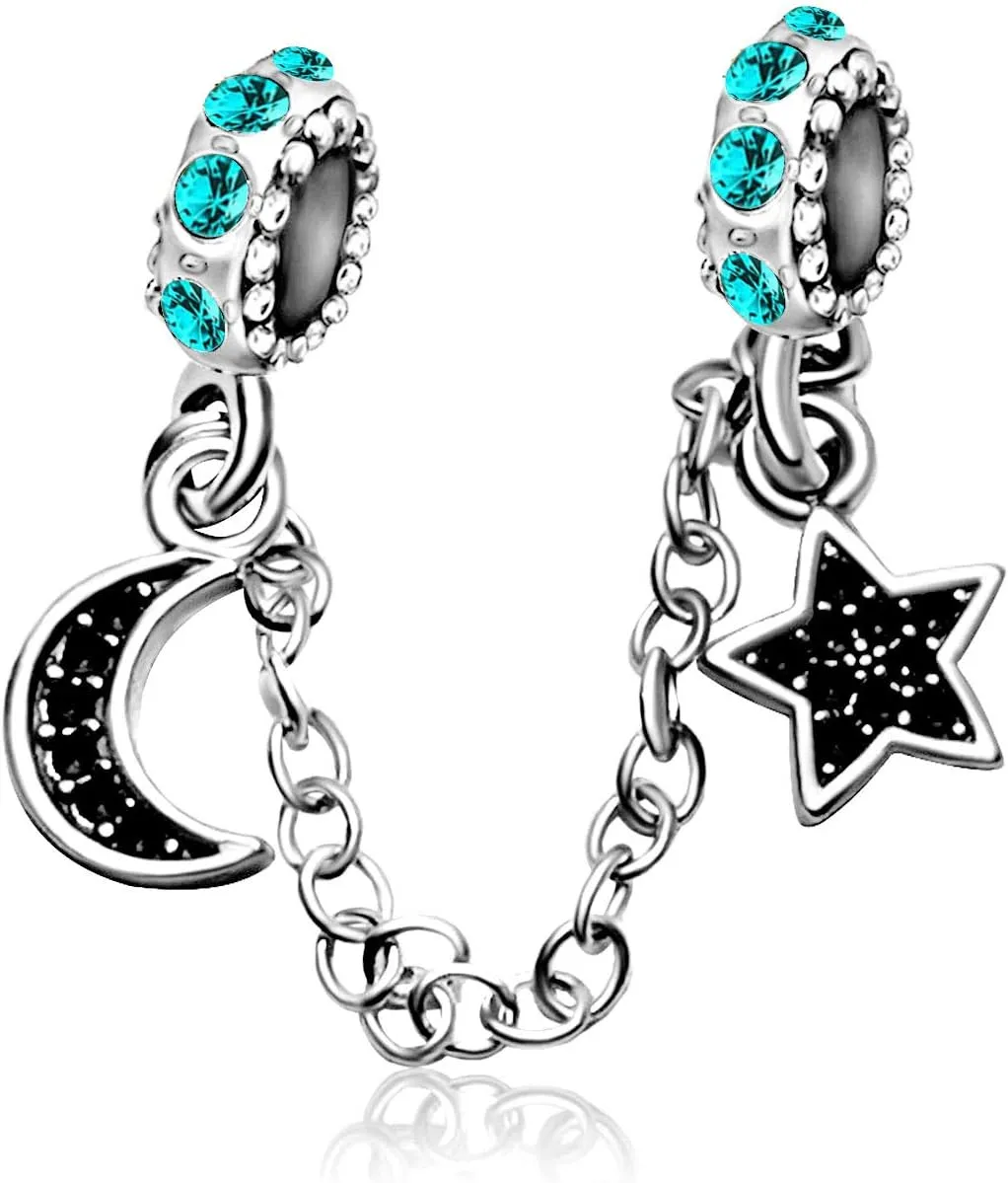 KunBead Link Safety Chain Moon Star Crystal Birthday Bead Charms for Bracelets for Women Jewelry