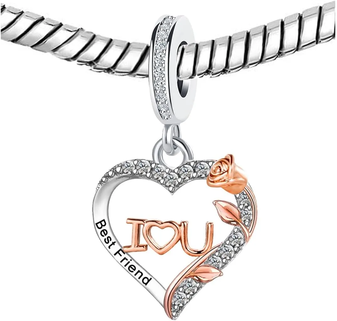 KunBead Rose Flower Family I Love You Birthday Heart Love Dangle Charms Compatible with Pandora Bracelet for Auntie Friend Sister Mom Daughter Nana Granddaughter Wife Niece Grandson