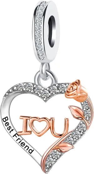 KunBead Rose Flower Family I Love You Birthday Heart Love Dangle Charms Compatible with Pandora Bracelet for Auntie Friend Sister Mom Daughter Nana Granddaughter Wife Niece Grandson