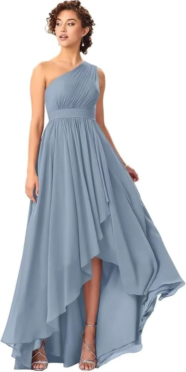 Kyeuan One Shoulder Bridesmaid Dresses for Women Hi-Lo Chiffon Formal Evening Gowns with Pockets Party Dress for Girls