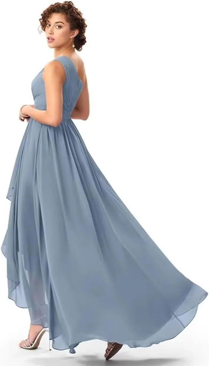 Kyeuan One Shoulder Bridesmaid Dresses for Women Hi-Lo Chiffon Formal Evening Gowns with Pockets Party Dress for Girls