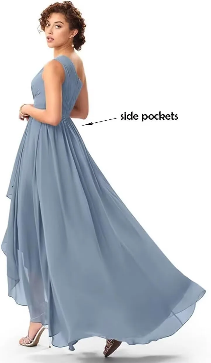 Kyeuan One Shoulder Bridesmaid Dresses for Women Hi-Lo Chiffon Formal Evening Gowns with Pockets Party Dress for Girls