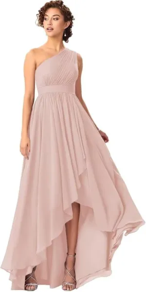 Kyeuan One Shoulder Bridesmaid Dresses for Women Hi-Lo Chiffon Formal Evening Gowns with Pockets Party Dress for Girls