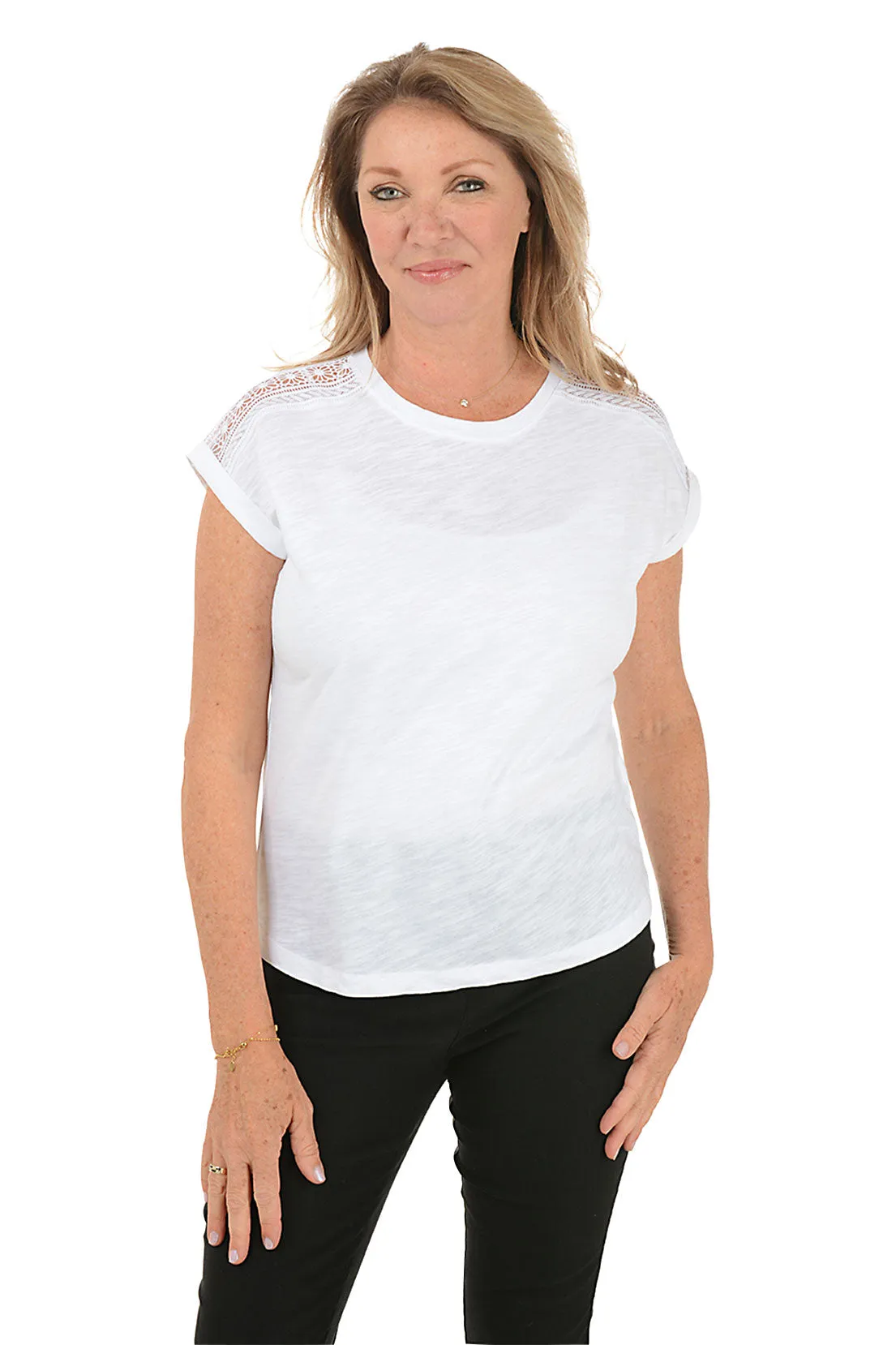 Lace Shoulder Cap Sleeve Tee