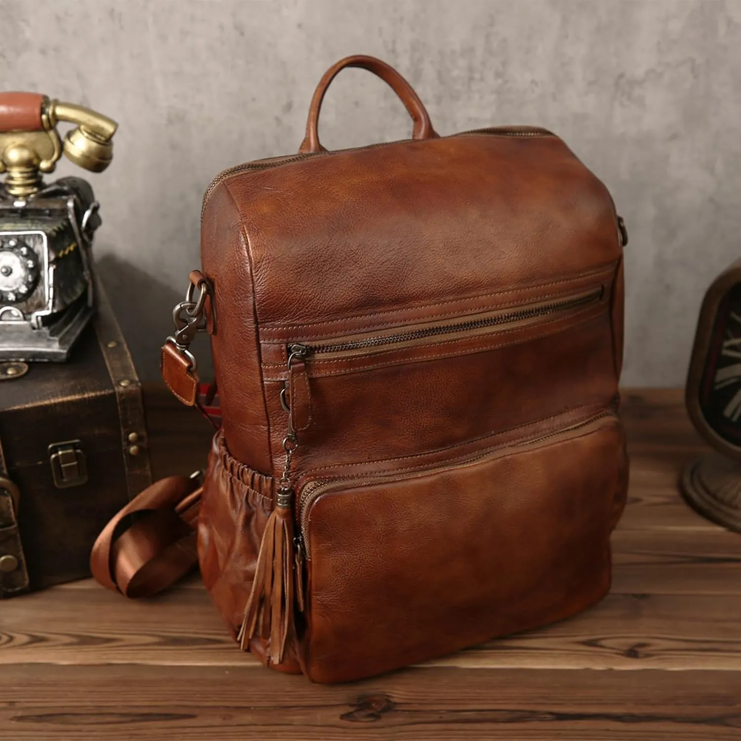 Laptop Backpack For Women,Genuine Leather Polished Bag,Convertible Shoulder Bag,Fashionable Tassel Design Travel Bag