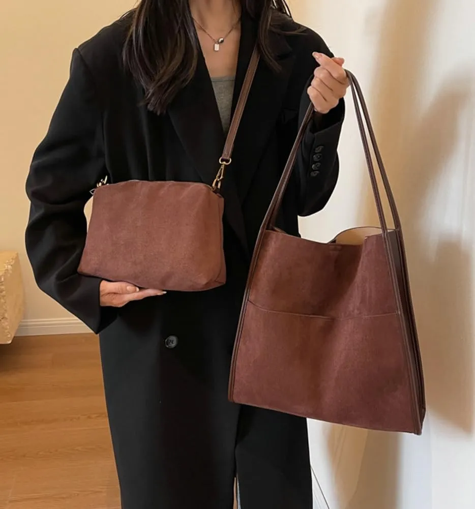 Large Bucket Tote Bags for Women Vegan Leather Handbag Suede Shoulder Purse Fashion Designer Working Satchel 2pcs