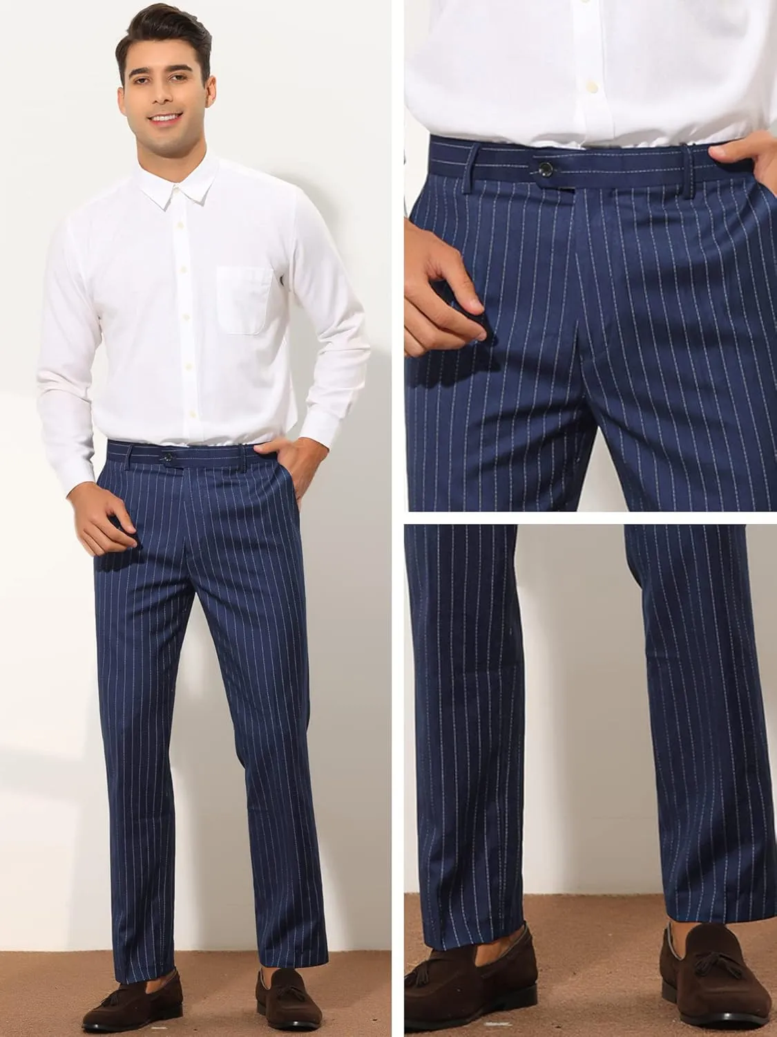 Lars Amadeus Men's Dress Striped Pants Slim Fit Flat Front Business Trousers