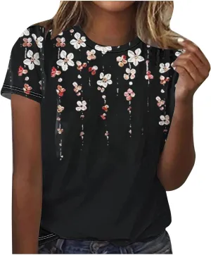 Lastesso Women Fashion Floar Print T Shirt Casual Loose Fit Crewneck Short Sleeve T Shirt Soft Spring Summer Tees