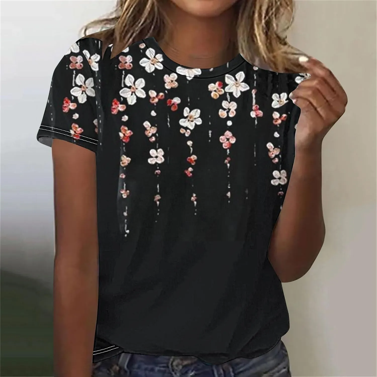 Lastesso Women Fashion Floar Print T Shirt Casual Loose Fit Crewneck Short Sleeve T Shirt Soft Spring Summer Tees