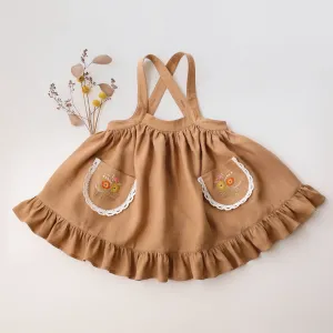 Latte Linen Straps Pinafore with Lace with Autumn Flowers Embroidery