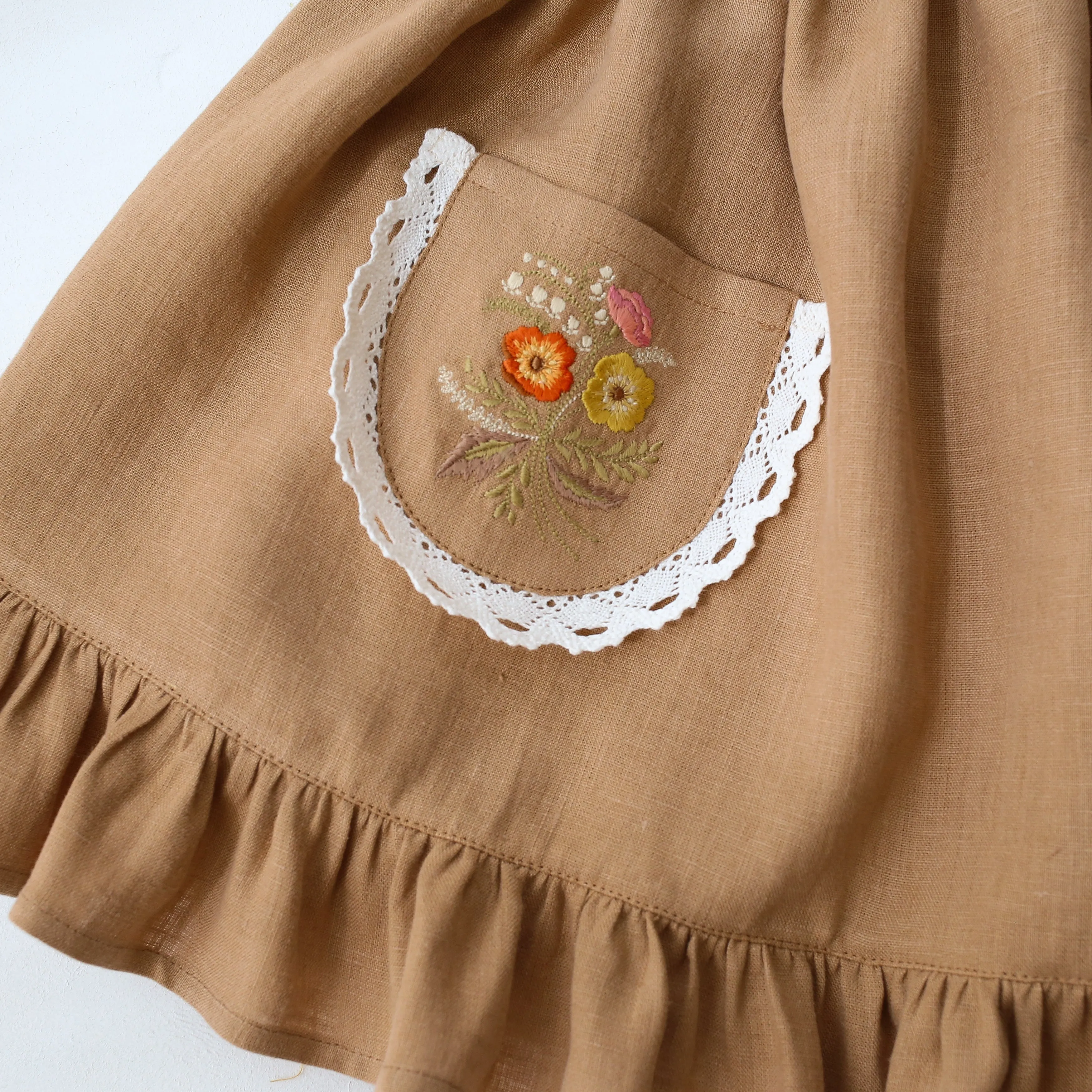 Latte Linen Straps Pinafore with Lace with Autumn Flowers Embroidery
