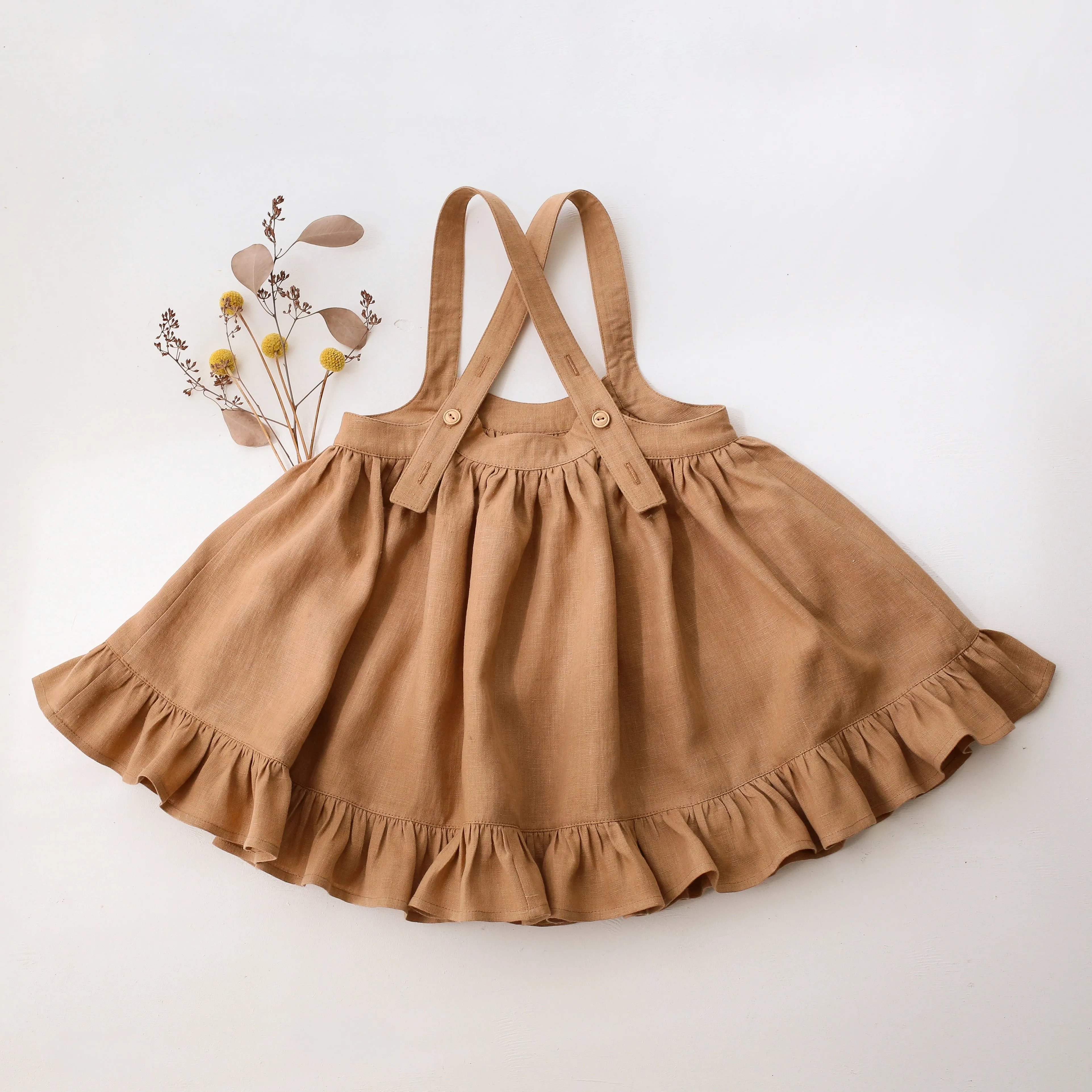 Latte Linen Straps Pinafore with Lace with Autumn Flowers Embroidery