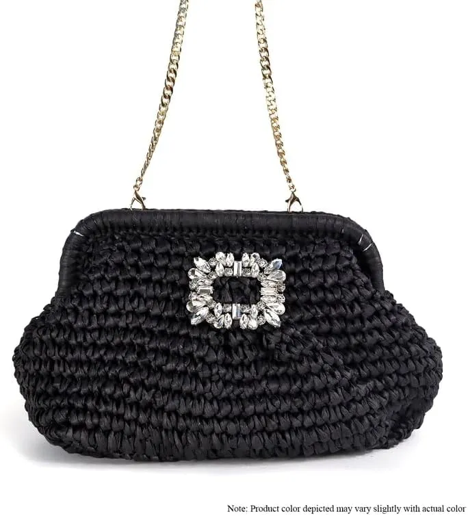 Liliana Glamorous Crystal Buckle Raffia Clutch - Trendy Fashion Elegant Women's Evening Bag Sparkling Rhinestone, H-VACAY