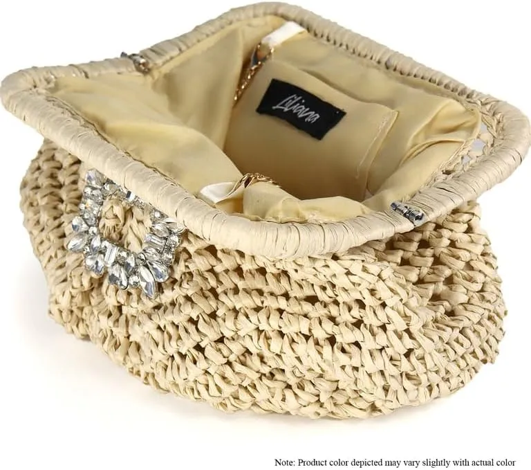 Liliana Glamorous Crystal Buckle Raffia Clutch - Trendy Fashion Elegant Women's Evening Bag Sparkling Rhinestone, H-VACAY