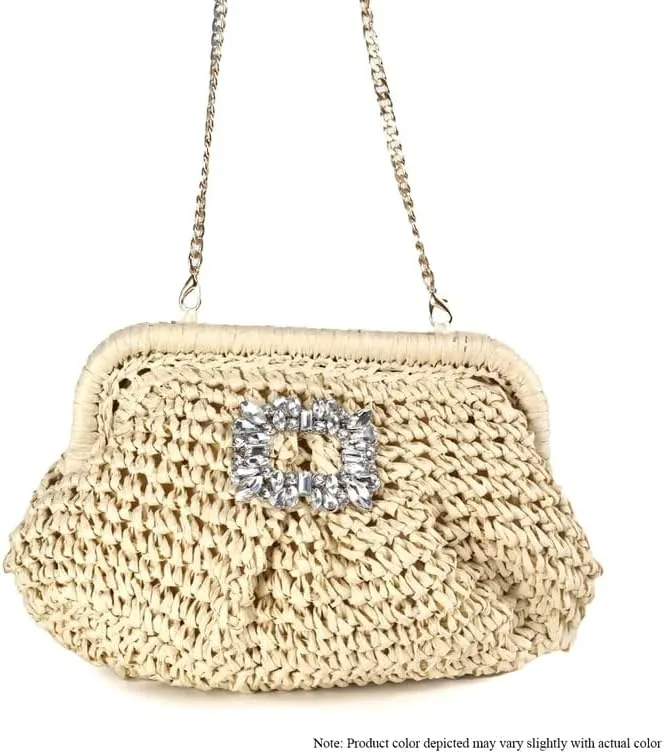 Liliana Glamorous Crystal Buckle Raffia Clutch - Trendy Fashion Elegant Women's Evening Bag Sparkling Rhinestone, H-VACAY