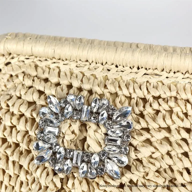 Liliana Glamorous Crystal Buckle Raffia Clutch - Trendy Fashion Elegant Women's Evening Bag Sparkling Rhinestone, H-VACAY
