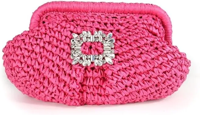 Liliana Glamorous Crystal Buckle Raffia Clutch - Trendy Fashion Elegant Women's Evening Bag Sparkling Rhinestone, H-VACAY