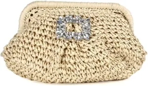 Liliana Glamorous Crystal Buckle Raffia Clutch - Trendy Fashion Elegant Women's Evening Bag Sparkling Rhinestone, H-VACAY