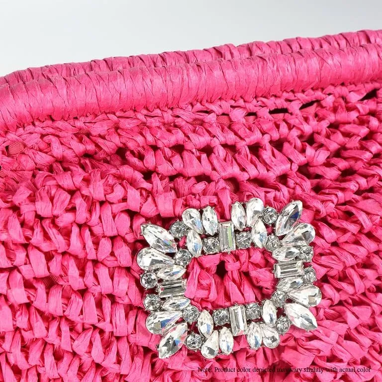 Liliana Glamorous Crystal Buckle Raffia Clutch - Trendy Fashion Elegant Women's Evening Bag Sparkling Rhinestone, H-VACAY