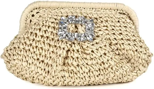 Liliana Glamorous Crystal Buckle Raffia Clutch - Trendy Fashion Elegant Women's Evening Bag Sparkling Rhinestone, H-VACAY