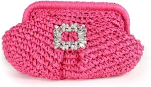 Liliana Glamorous Crystal Buckle Raffia Clutch - Trendy Fashion Elegant Women's Evening Bag Sparkling Rhinestone, H-VACAY