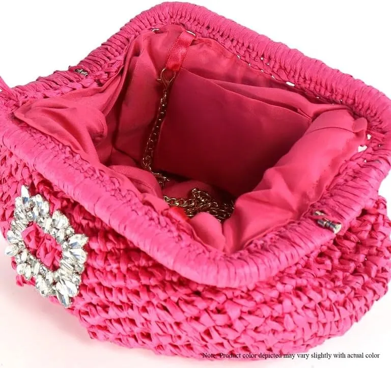 Liliana Glamorous Crystal Buckle Raffia Clutch - Trendy Fashion Elegant Women's Evening Bag Sparkling Rhinestone, H-VACAY