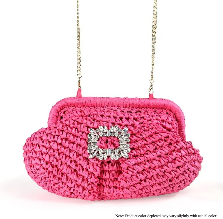 Liliana Glamorous Crystal Buckle Raffia Clutch - Trendy Fashion Elegant Women's Evening Bag Sparkling Rhinestone, H-VACAY