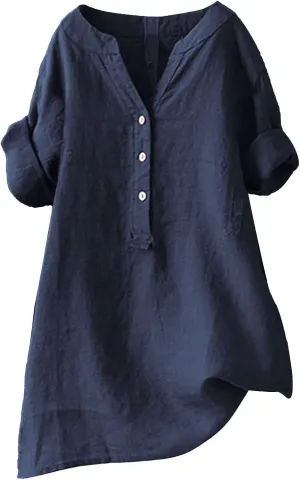 Linen Shirts for Women Button Down V Neck Boho Tees Short Sleeve Loose Fit Beach Tops Plus Size Casual Work Blouses