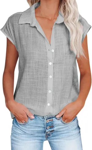 Linen Shirts for Women Trendy Button Down V Neck Shirt Summer Collared Short Sleeve Boho Tops Casual Blouses
