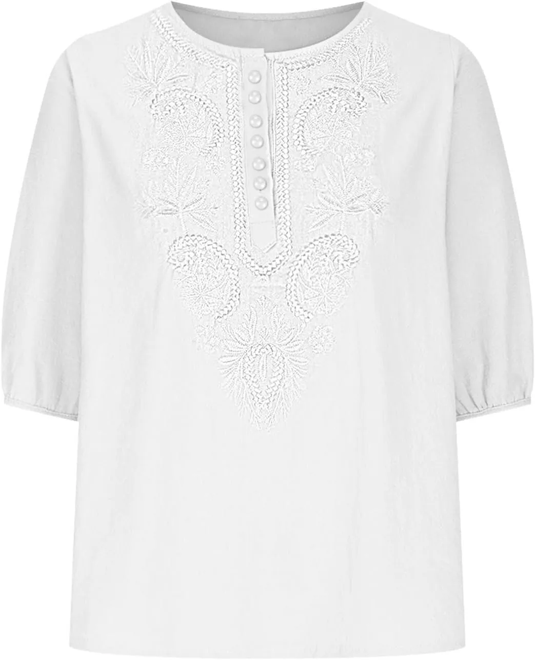 Lmdudan Cotton Linen Embroidered Tops for Women Peasant Shirt Boho Ethnic Style Mexican Blouse 3/4 Sleeve Button Tunic Tshirt