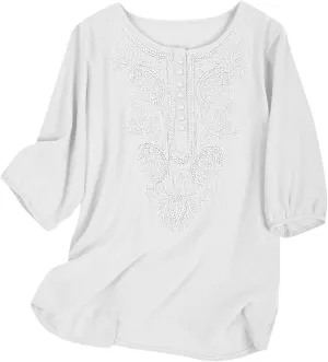 Lmdudan Cotton Linen Embroidered Tops for Women Peasant Shirt Boho Ethnic Style Mexican Blouse 3/4 Sleeve Button Tunic Tshirt