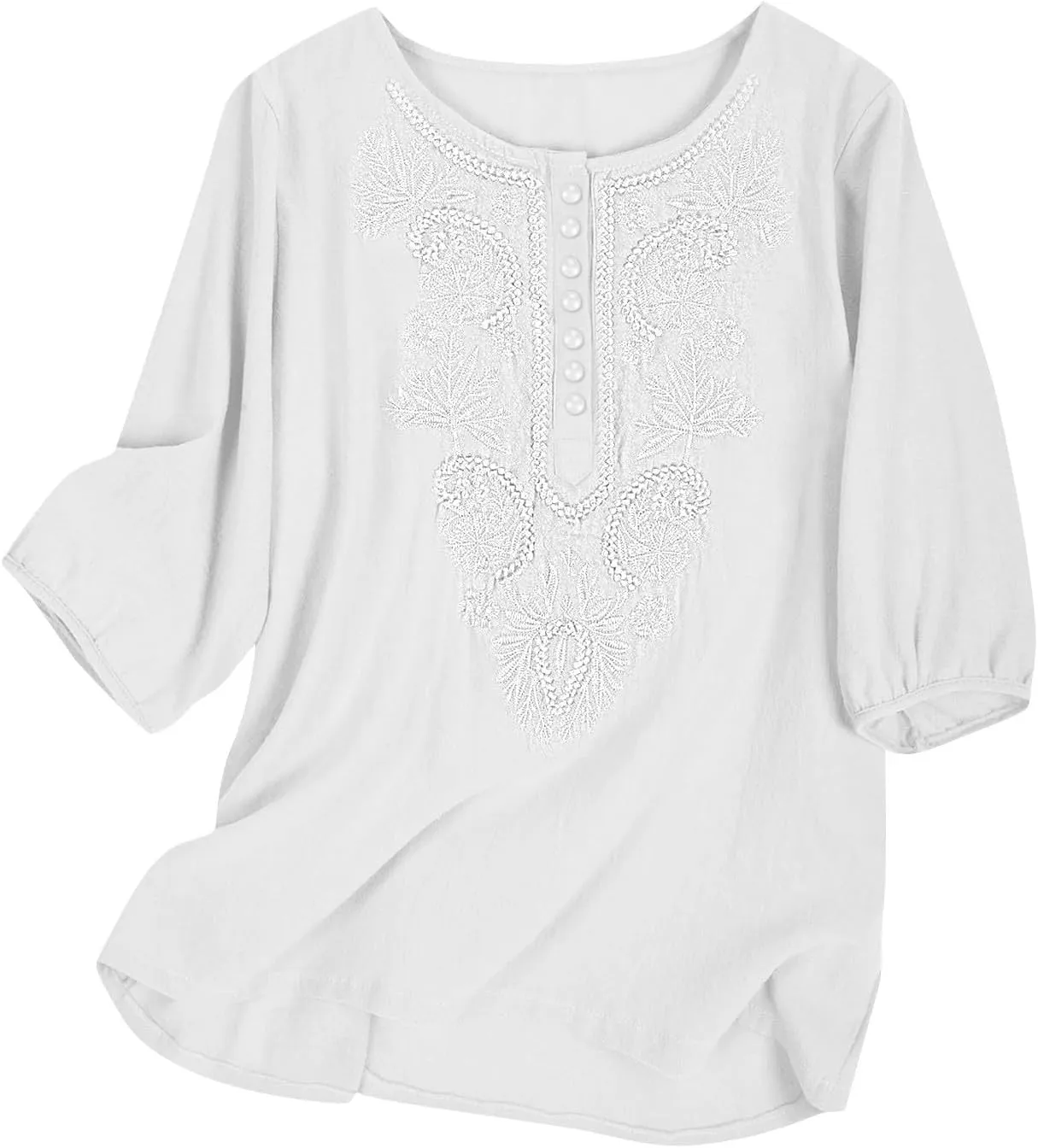 Lmdudan Cotton Linen Embroidered Tops for Women Peasant Shirt Boho Ethnic Style Mexican Blouse 3/4 Sleeve Button Tunic Tshirt