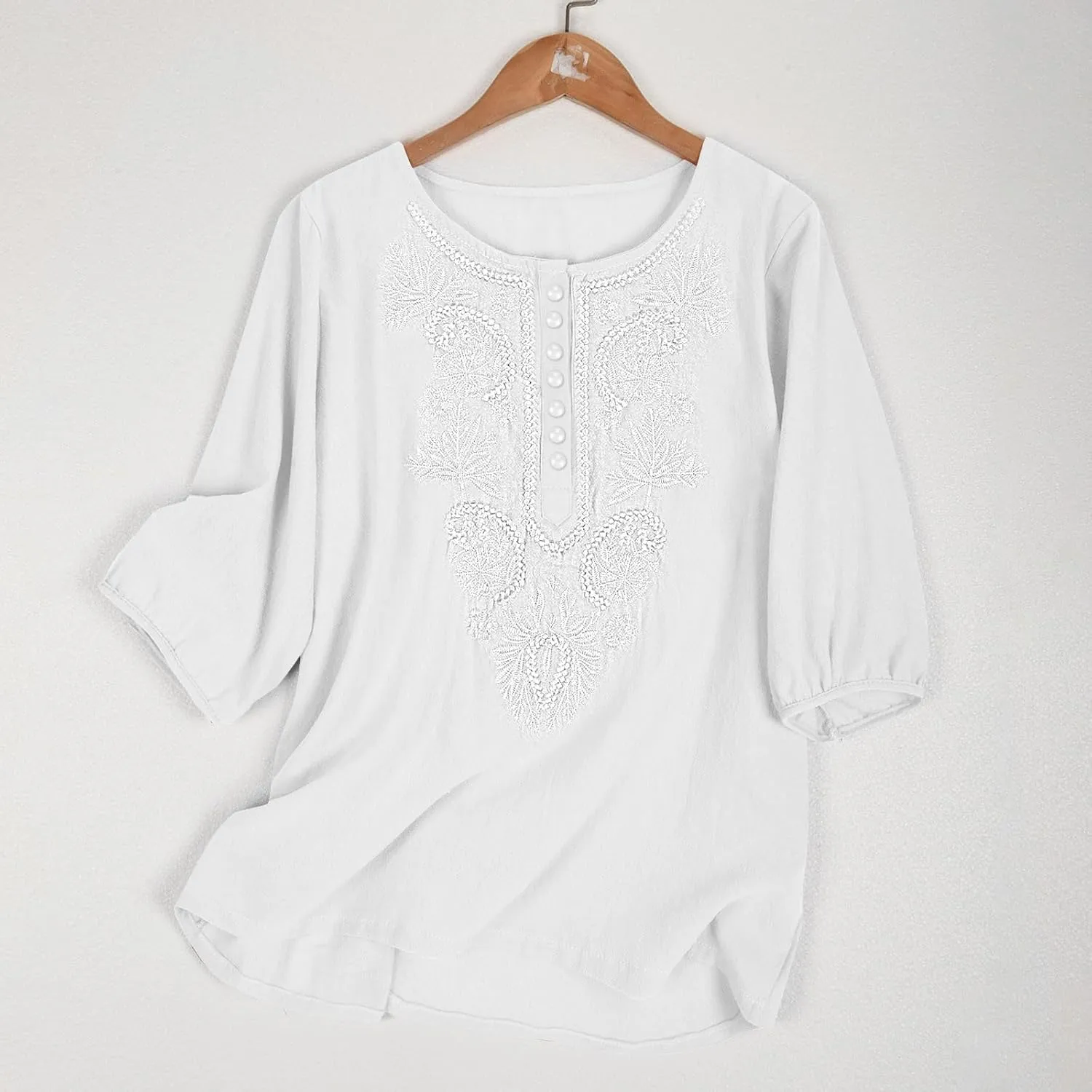 Lmdudan Cotton Linen Embroidered Tops for Women Peasant Shirt Boho Ethnic Style Mexican Blouse 3/4 Sleeve Button Tunic Tshirt