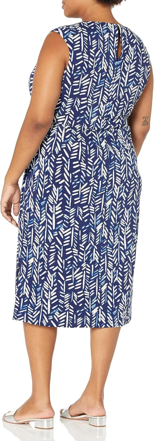 London Times Women's Belted Waist Crew Neck Midi Dress Polished Slimming Career Chic