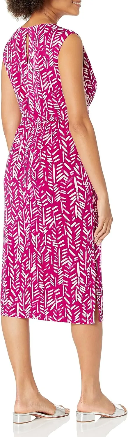 London Times Women's Belted Waist Crew Neck Midi Dress Polished Slimming Career Chic