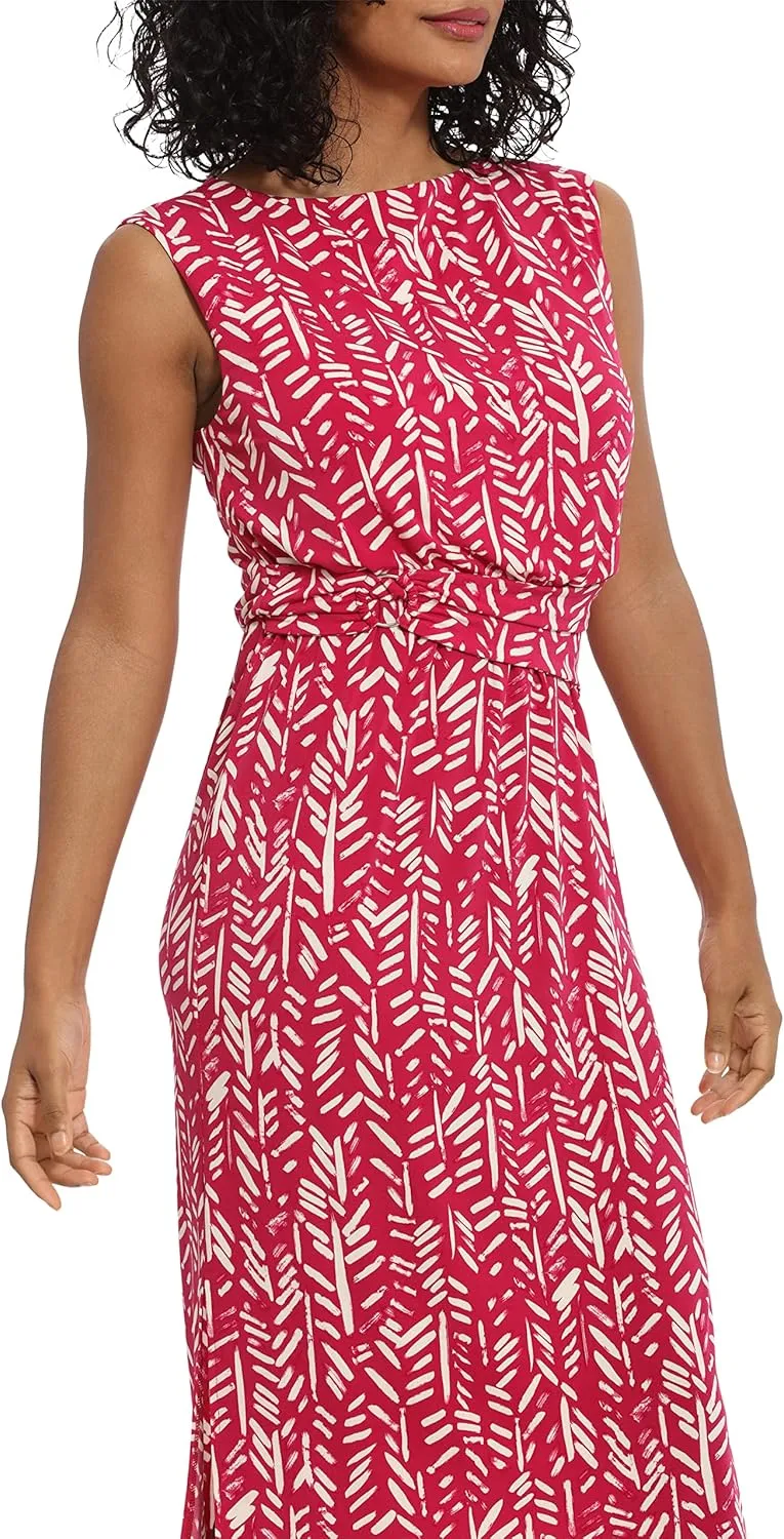 London Times Women's Belted Waist Crew Neck Midi Dress Polished Slimming Career Chic