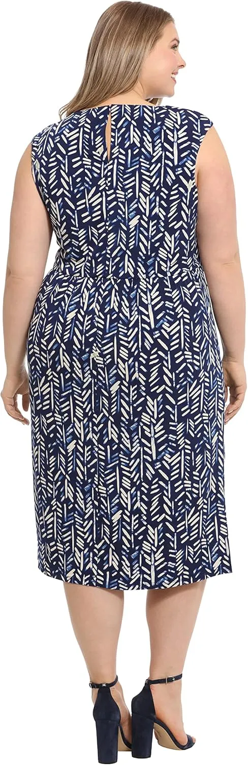 London Times Women's Belted Waist Crew Neck Midi Dress Polished Slimming Career Chic