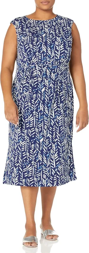 London Times Women's Belted Waist Crew Neck Midi Dress Polished Slimming Career Chic
