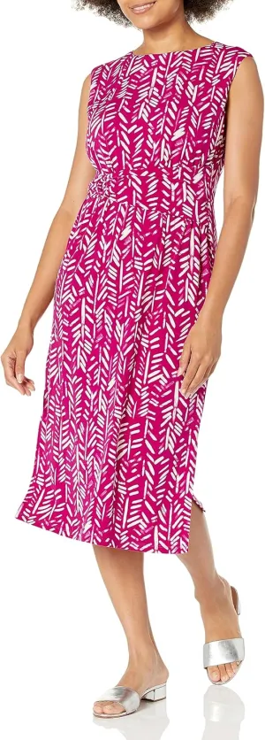 London Times Women's Belted Waist Crew Neck Midi Dress Polished Slimming Career Chic