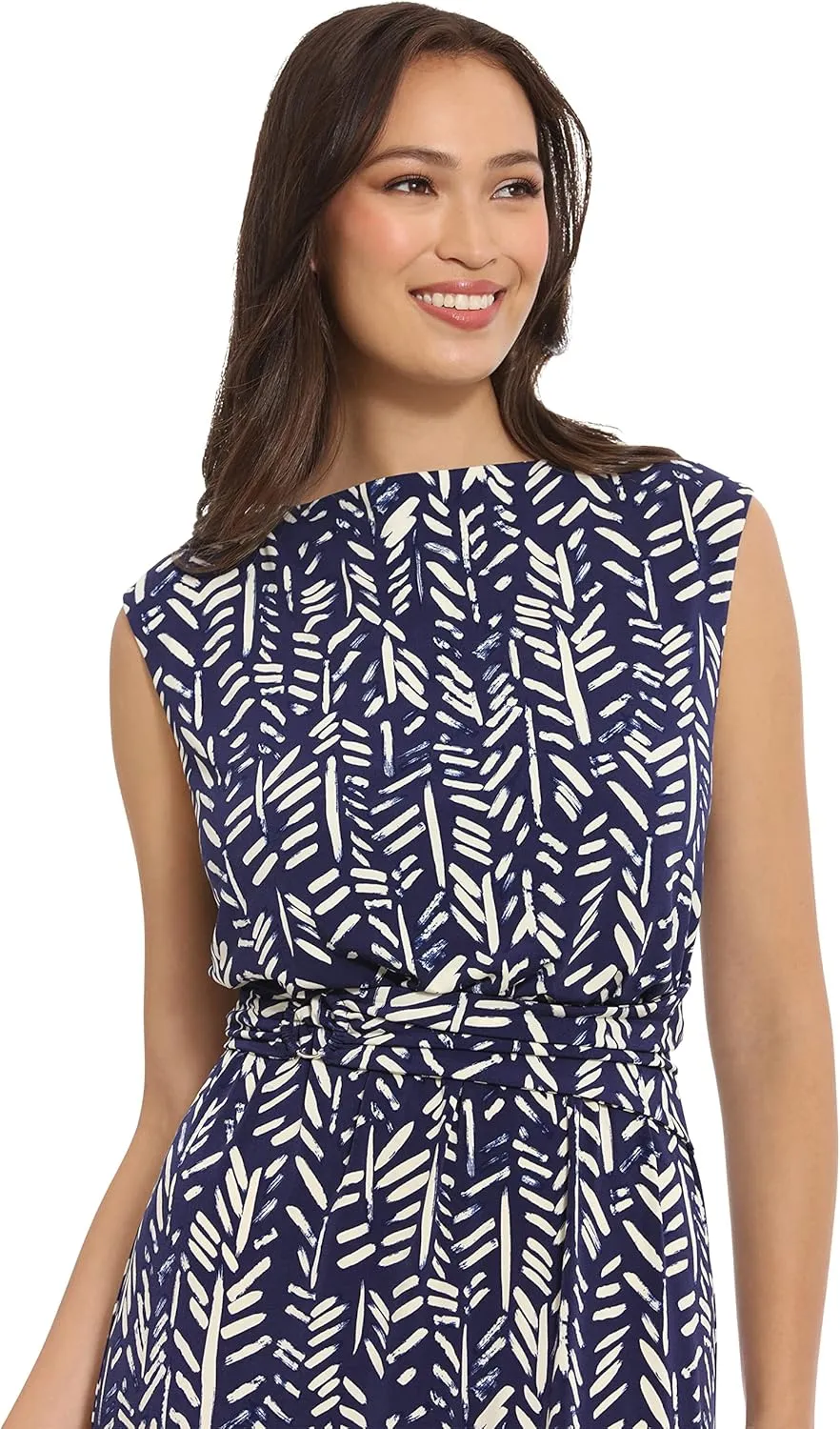London Times Women's Belted Waist Crew Neck Midi Dress Polished Slimming Career Chic