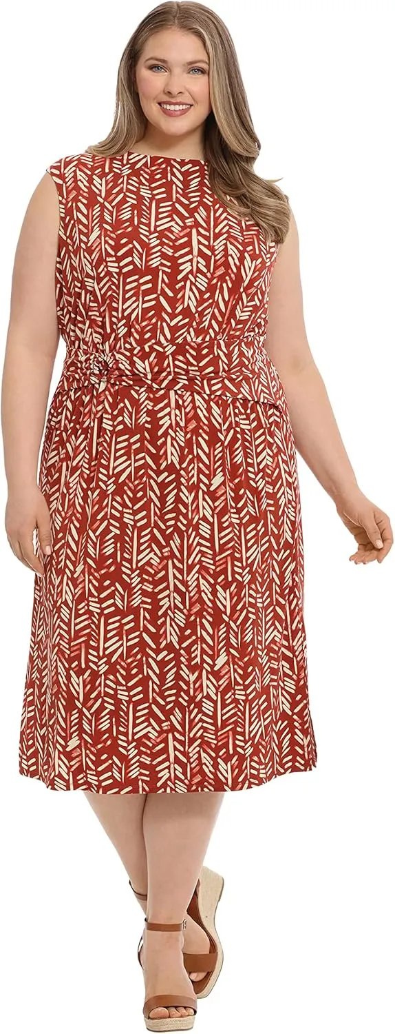 London Times Women's Belted Waist Crew Neck Midi Dress Polished Slimming Career Chic