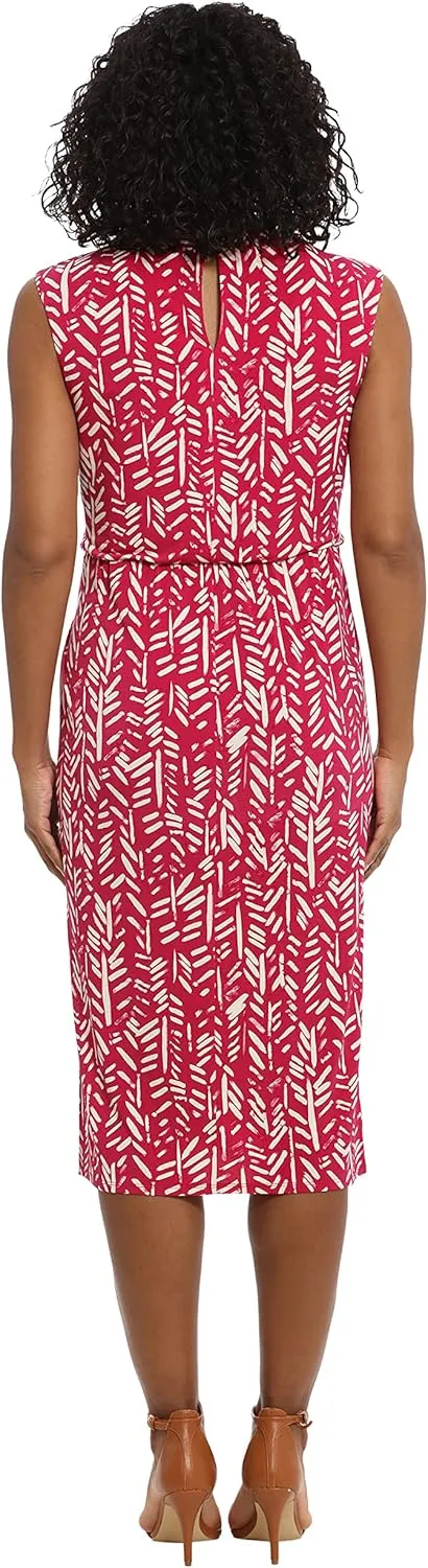London Times Women's Belted Waist Crew Neck Midi Dress Polished Slimming Career Chic