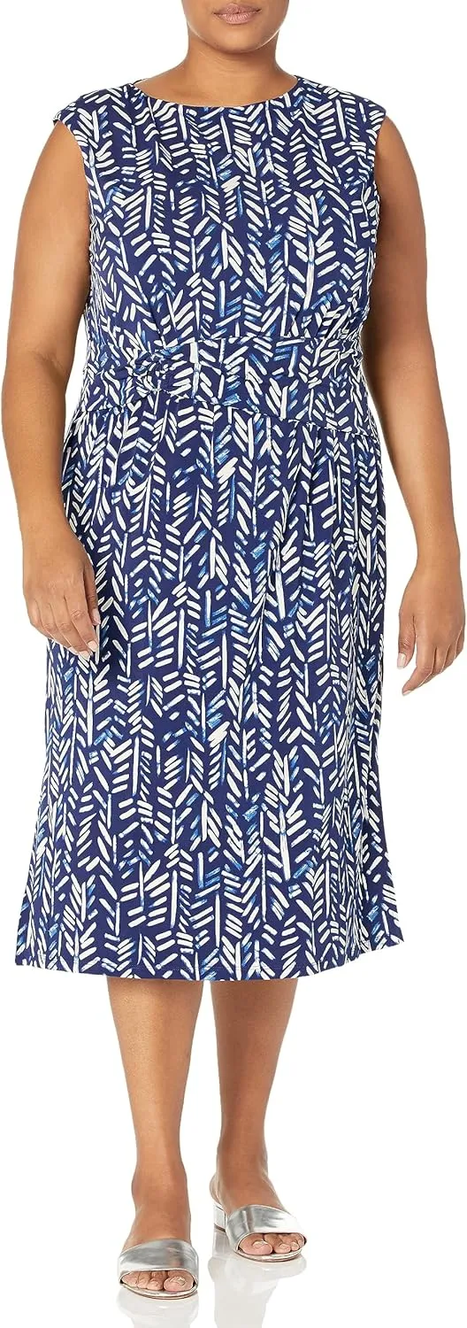 London Times Women's Belted Waist Crew Neck Midi Dress Polished Slimming Career Chic