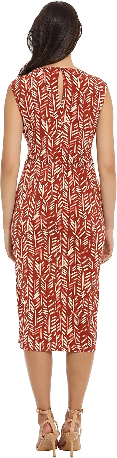 London Times Women's Belted Waist Crew Neck Midi Dress Polished Slimming Career Chic