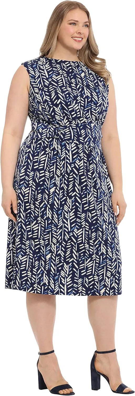 London Times Women's Belted Waist Crew Neck Midi Dress Polished Slimming Career Chic