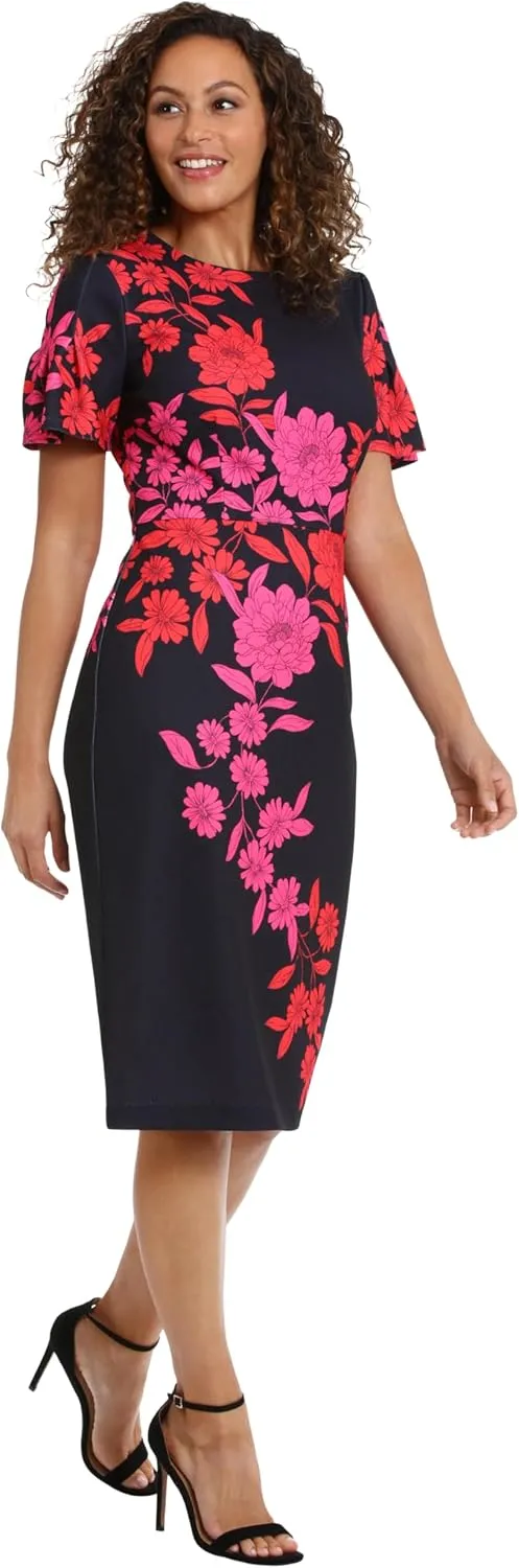 London Times Women's Dresses Jewel Neck Flutter Sleeve Emotional Flattering Polished Chic Midi Length Sheath Dress