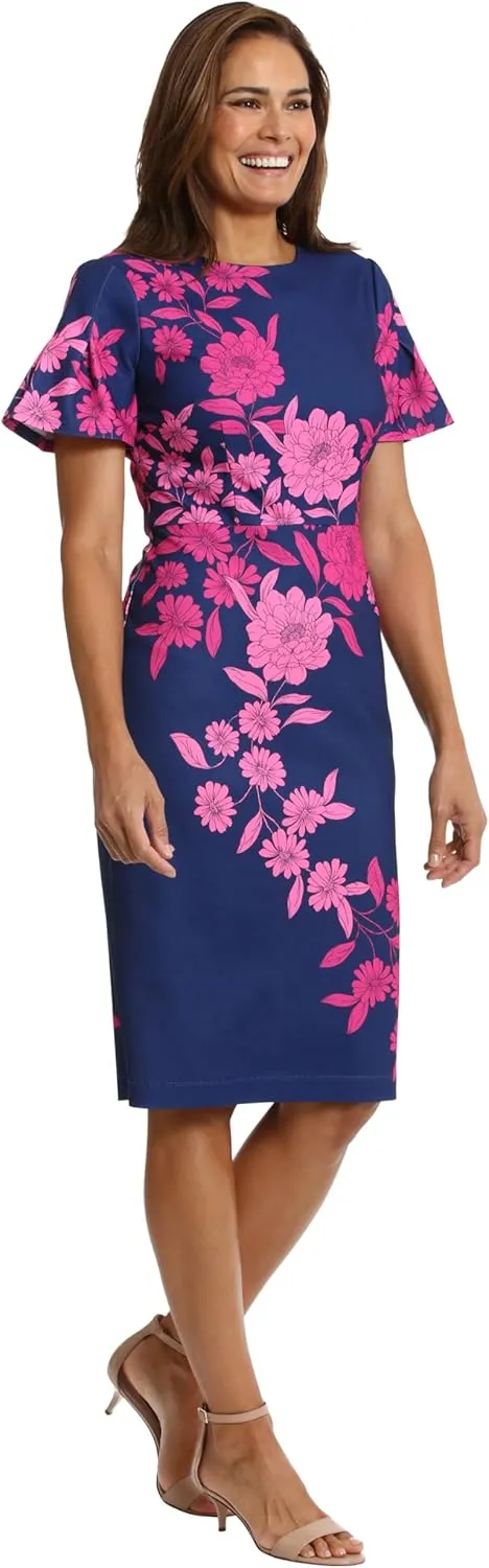 London Times Women's Dresses Jewel Neck Flutter Sleeve Emotional Flattering Polished Chic Midi Length Sheath Dress